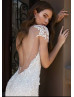 Short Sleeve Beaded Ivory Lace Tulle Wedding Dress